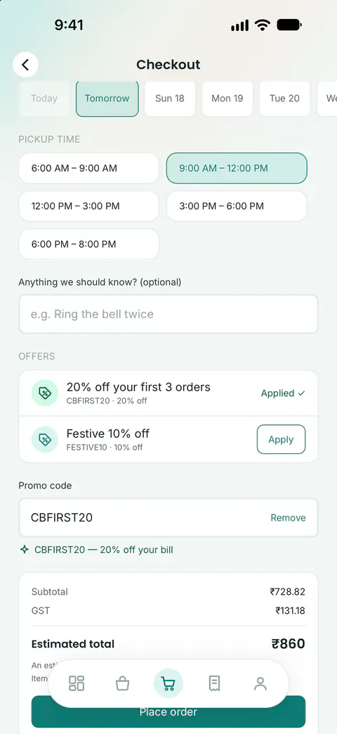 Checkout in the ClothBuddy app with pickup slots and offers